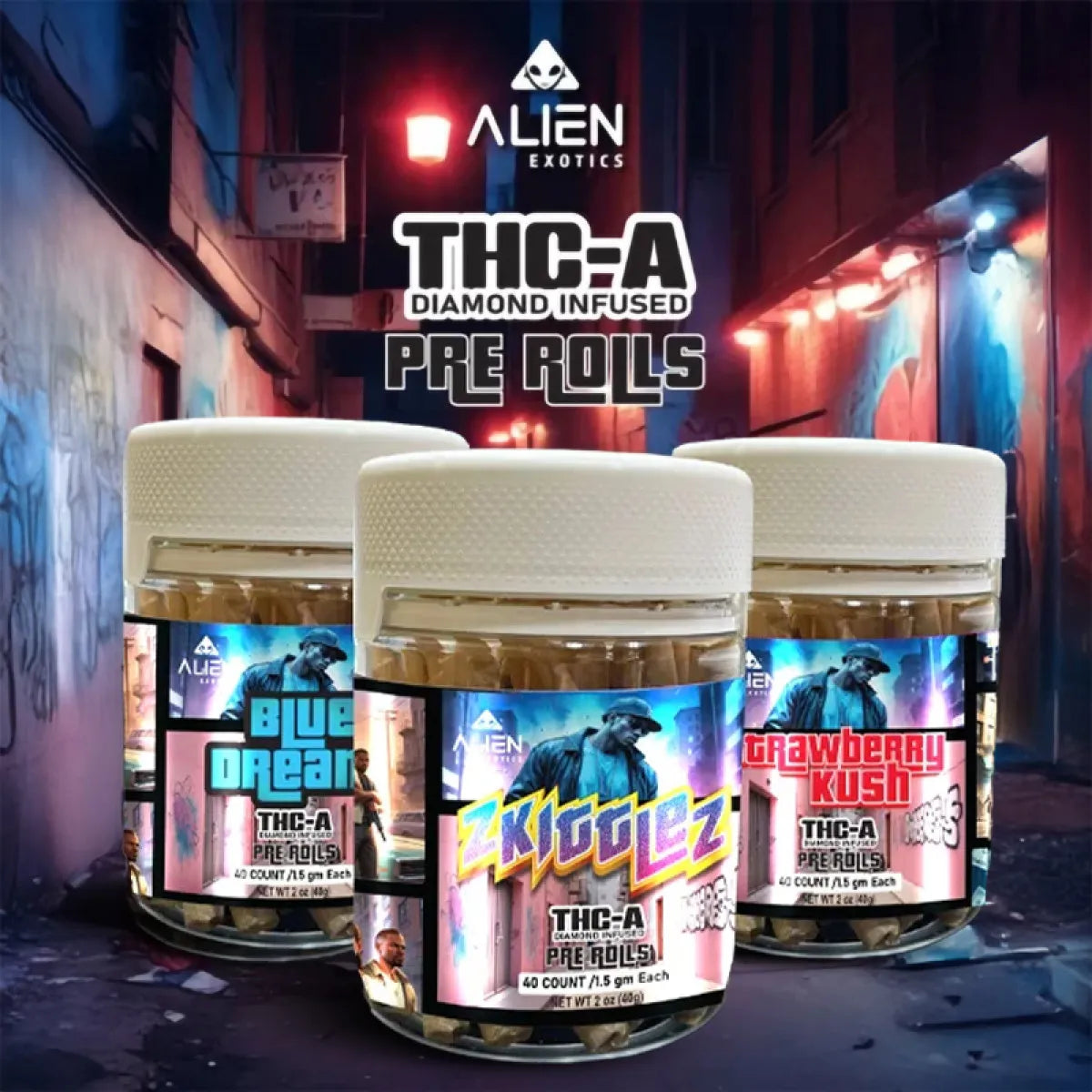 ALIEN EXOTIC 40% THC-A PRE ROLLS 1.5GM/40CT/PK